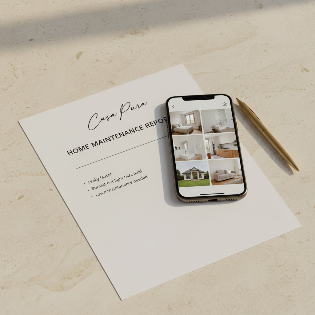 Phone photo log beside a handwritten property maintenance report